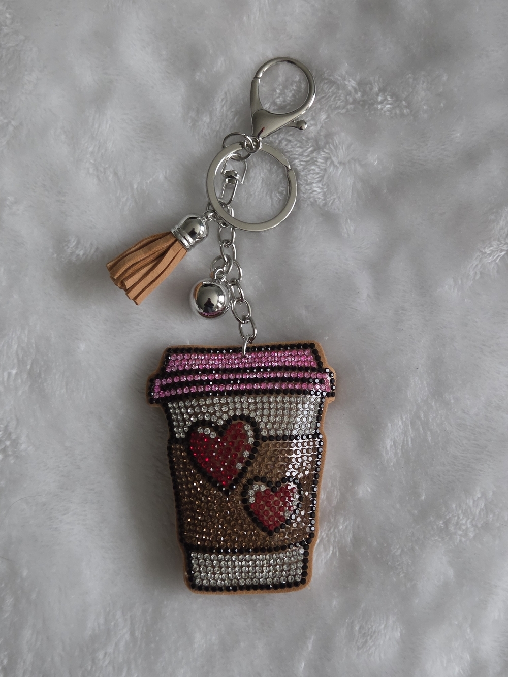 Coffee Cup Rhinestone Keychain Charm - Pink & Brown Bag Charm